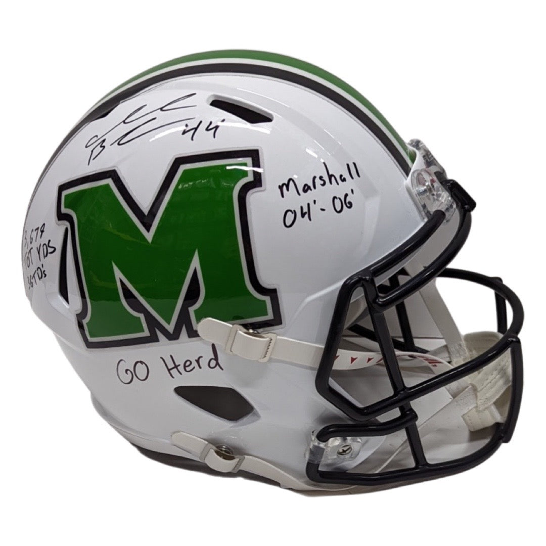 Ahmad Bradshaw Autographed Marshall Thundering Herd Replica Helmet “Marshall 04-06, Go Herd, 3,679 Tot Yds, 36 TDs” Inscriptions Steiner CX