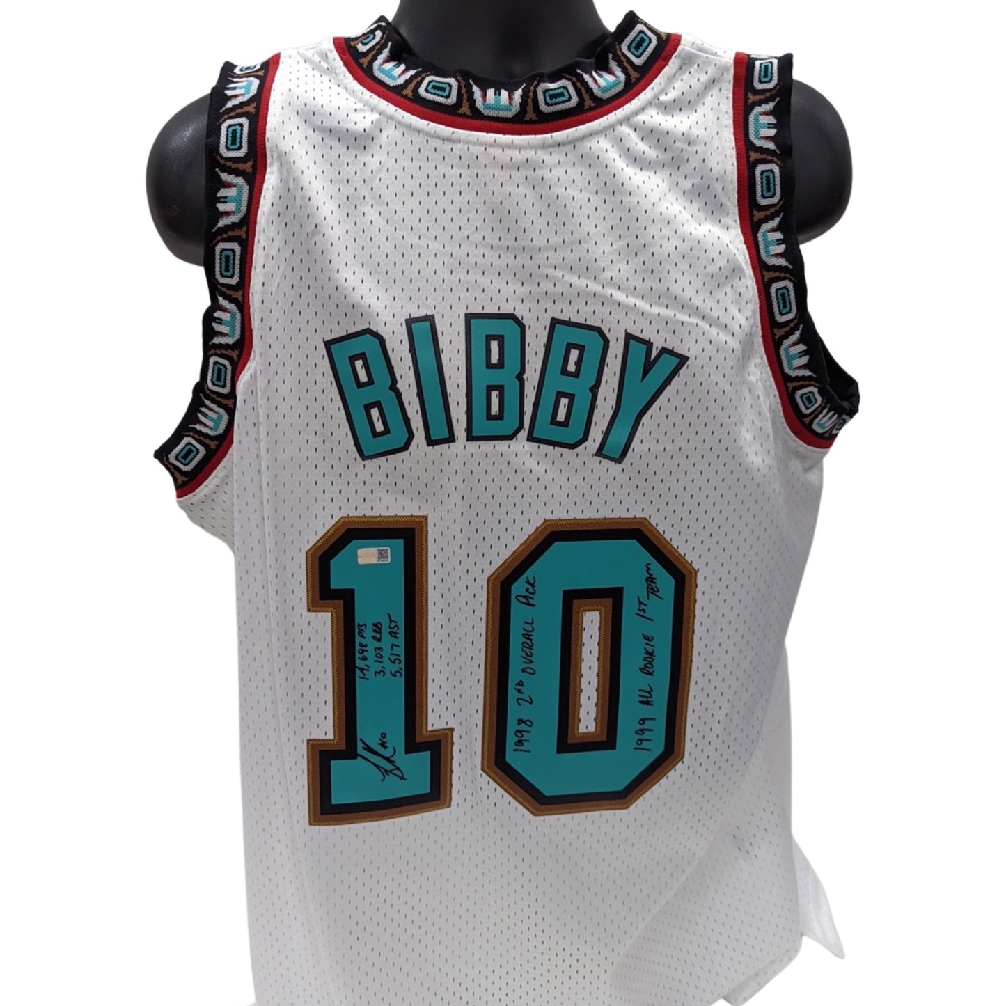 Mike Bibby Autographed Vancouver Grizzlies White Mitchell & Ness Swingman Jersey “14,698 PTS, 3,103 REB, 5,517 AST, 1998 2nd Overall Pick, 1999 All Rookie 1st Team” Inscriptions Steiner CX