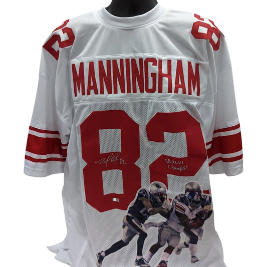 Mario Manningham Autographed New York Giants Super Bowl Catch Art Jersey “SB XLVI Champs” Inscription Steiner CX