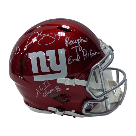 Plaxico Burress Autographed New York Giants Flash Authentic Helmet “Reception to End Perfection, G.W.T.D, XLII Champs” Inscriptions Steiner CX