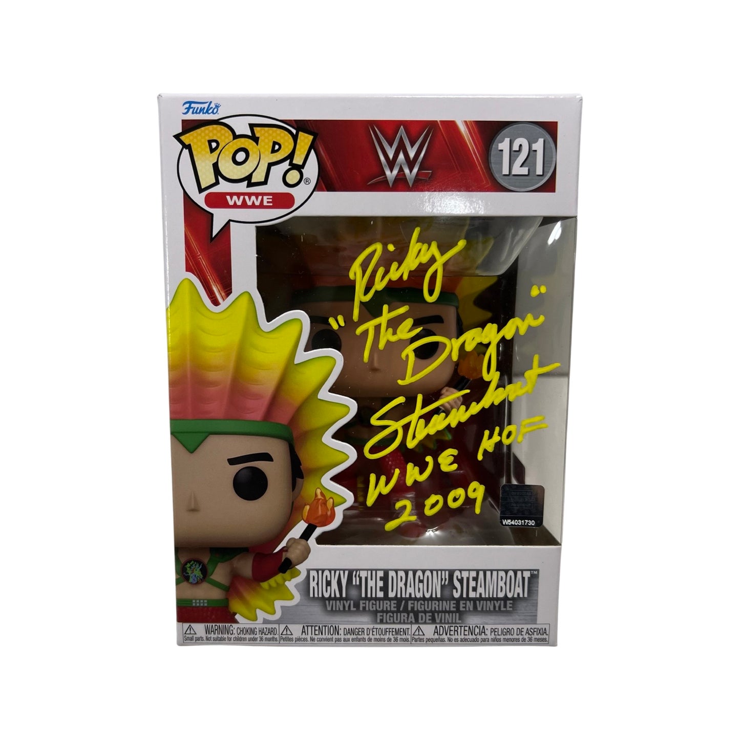 Ricky Steamboat Autographed Funko Pop “The Dragon, WWE HOF 2009” Inscriptions Yellow Ink Steiner CX